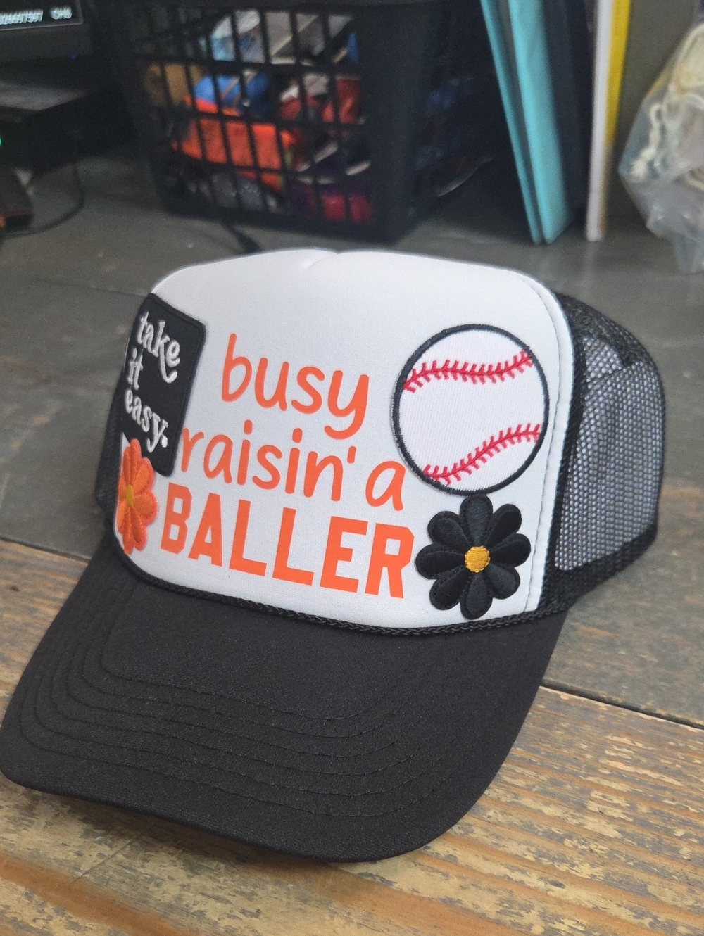 Busy Raisin' a Baller Black And Orange BASEBALL HAT Trucker Cap - Black & White